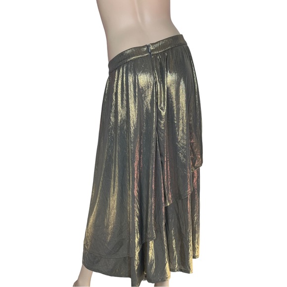 Metallic Gold Lame Midi Skirt Ruffle Hem Thigh Slit Size Large - Picture 7 of 10